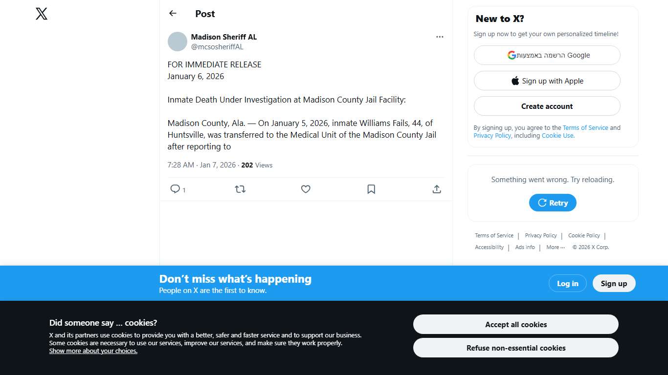 Madison Sheriff AL on X: "FOR IMMEDIATE RELEASE January 6, 2026 Inmate Death Under Investigation at Madison County Jail Facility: Madison County, Ala. — On January 5, 2026, inmate Williams Fails, 44, of Huntsville, was transferred to the Medical Unit of the Madison County Jail after reporting to" / X